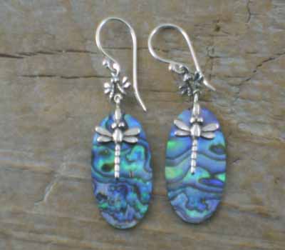 Paua Shell Earrings Sterling Dragonfly